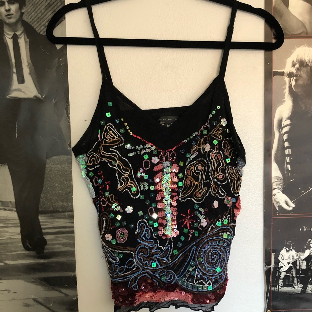 Y2K embroidered beaded spaghetti strap tank top